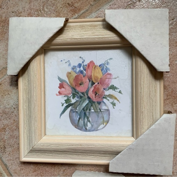 Set/2 Framed floral prints in weathered wood frames farmhouse pastel country - Picture 3 of 7